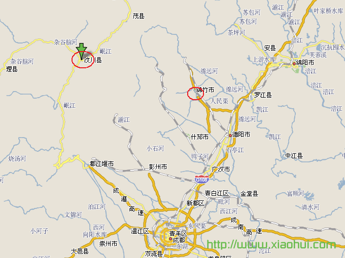 四川绵竹市西南镇 与 四川汶川震中，直线距离大约是 80 KM 左右